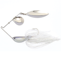 HMKL Dynamo Spinner Bait (Eco Model) fishing lure featuring two shiny silver spinner blades and a white skirt with glitter, designed for effective musky fishing tackle.