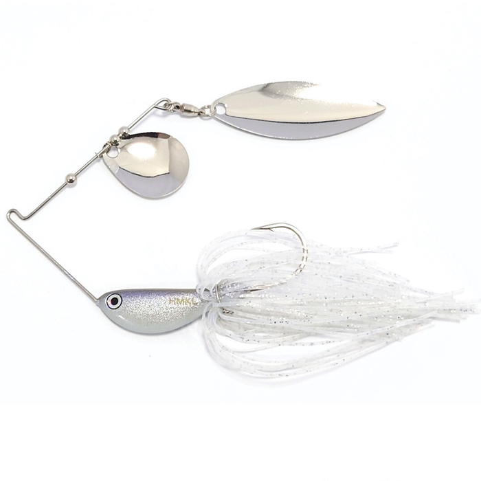 HMKL Dynamo Spinner Bait (Eco Model) fishing lure featuring two shiny silver spinner blades and a white skirt with glitter, designed for effective musky fishing tackle.