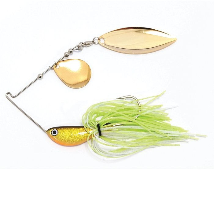 HMKL Dynamo Spinner Bait (Eco Model) fishing lure with a gold and orange head, two gold spinner blades, and a lime green skirt, designed for freshwater fishing tackle.