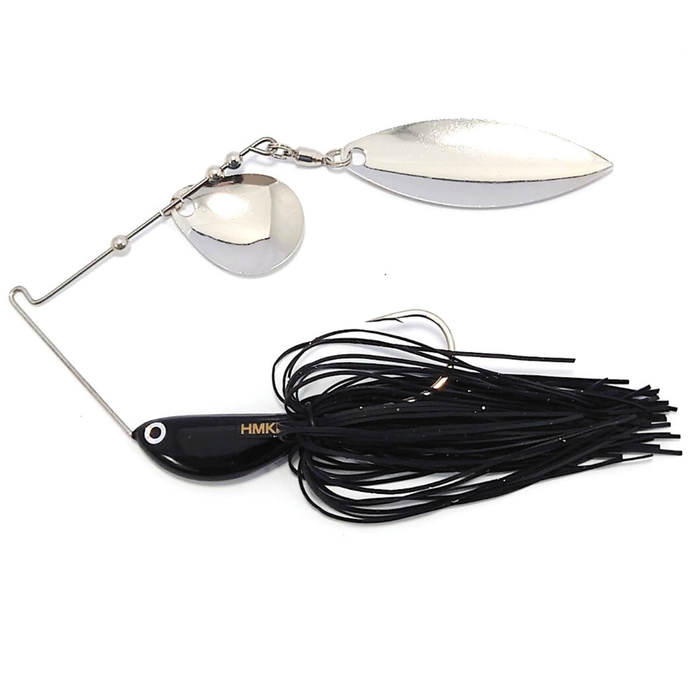 HMKL Dynamo Spinner Bait (Eco Model) featuring a black head with eye detail, black skirt, and two silver spinner blades designed for effective fishing lure and tackle use.