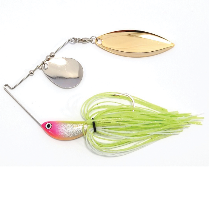 HMKL Dynamo Spinner Bait (Eco Model) fishing lure featuring a chartreuse skirt, silver and gold spinner blades, and a pink and white weighted head designed for musky fishing tackle.
