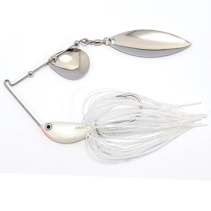 HMKL Dynamo Spinner Bait (Eco Model) fishing lure with shiny silver spinner blades and a white skirted body designed for effective fishing tackle use.