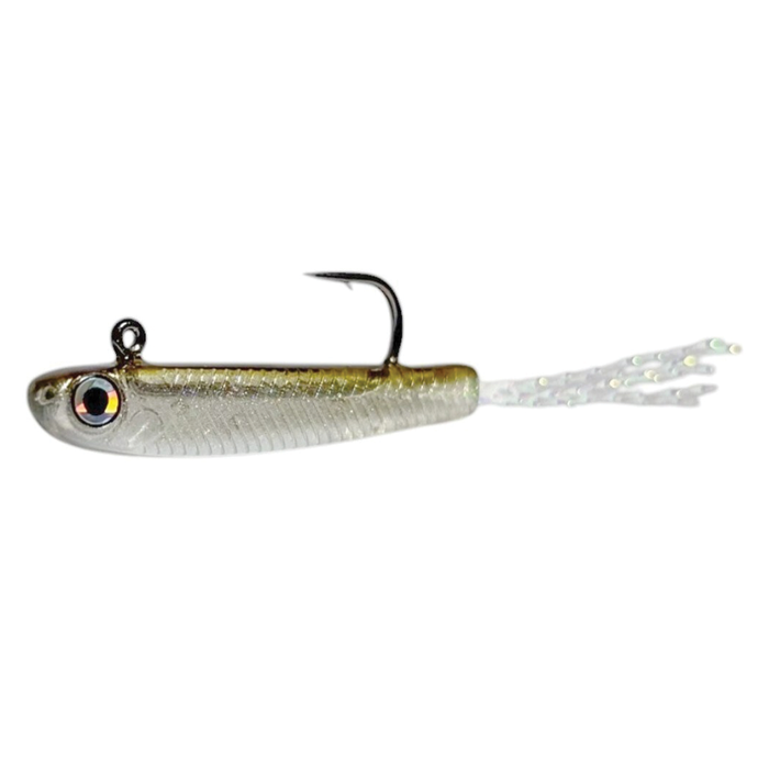 HMKL Fry 25 fishing lure with a realistic silver and gold fish design, detailed eye, single sharp hook, and translucent tail strands for effective fishing tackle.