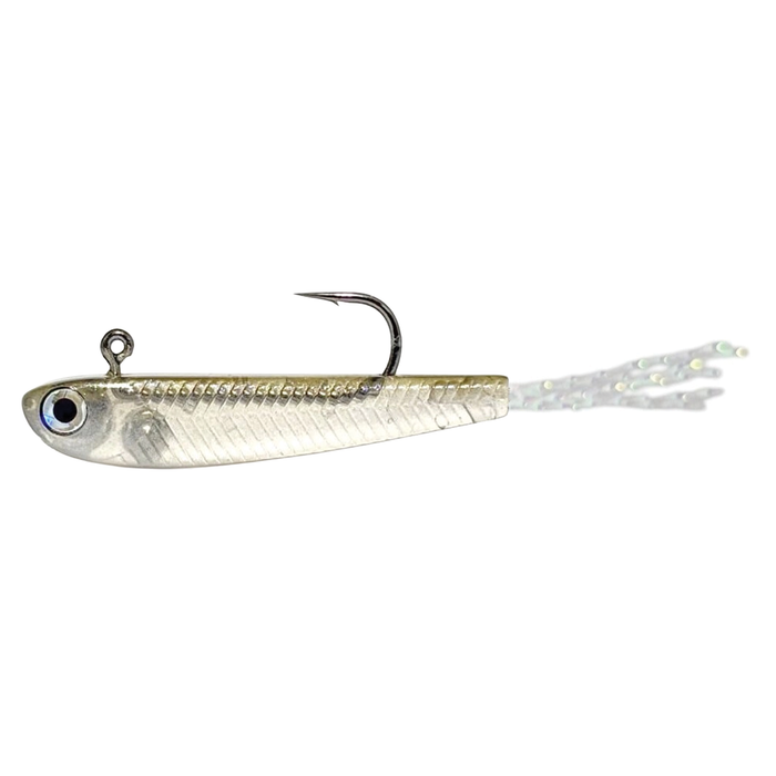 HMKL Fry 30 Plus fishing lure in translucent silver with detailed scale texture, lifelike 3D eye, single sharp hook, and iridescent tail strands for effective fishing tackle.