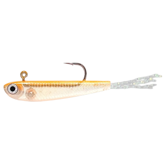 HMKL Fry 30 Plus fishing lure with a gold and white body, lifelike eye detail, single hook, and translucent skirt designed for effective fishing tackle use.