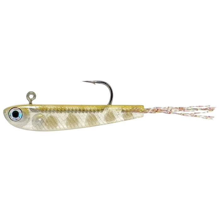 HMKL Fry 30 Plus fishing lure with realistic fish eye, translucent body featuring gold and silver tones, single sharp hook, and shimmering tail strands for fishing tackle enthusiasts.