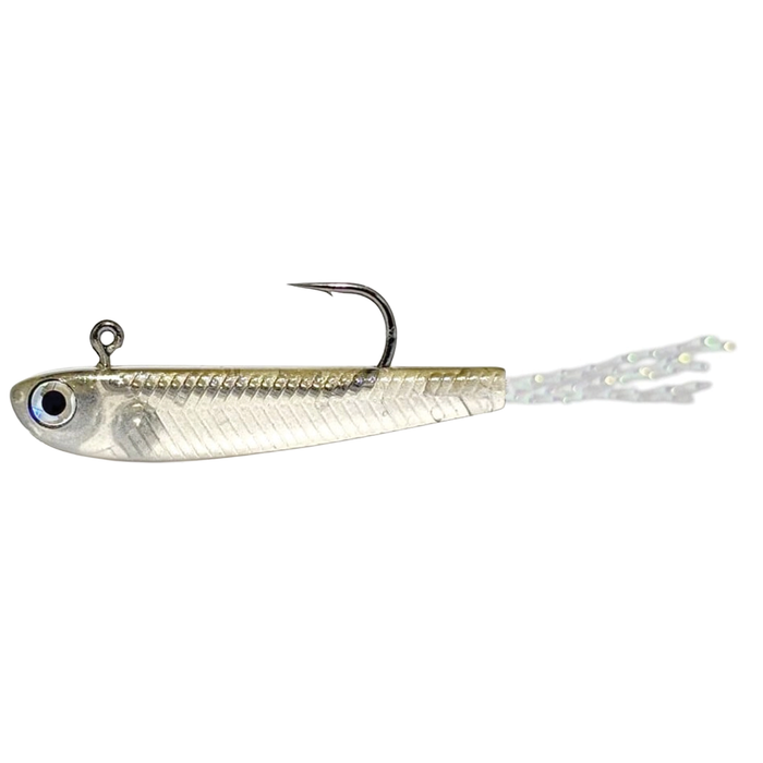 HMKL Fry 30 Plus fishing lure with a silver and translucent body, realistic blue eye detail, single sharp hook, and a trailing skirt for added underwater attraction.