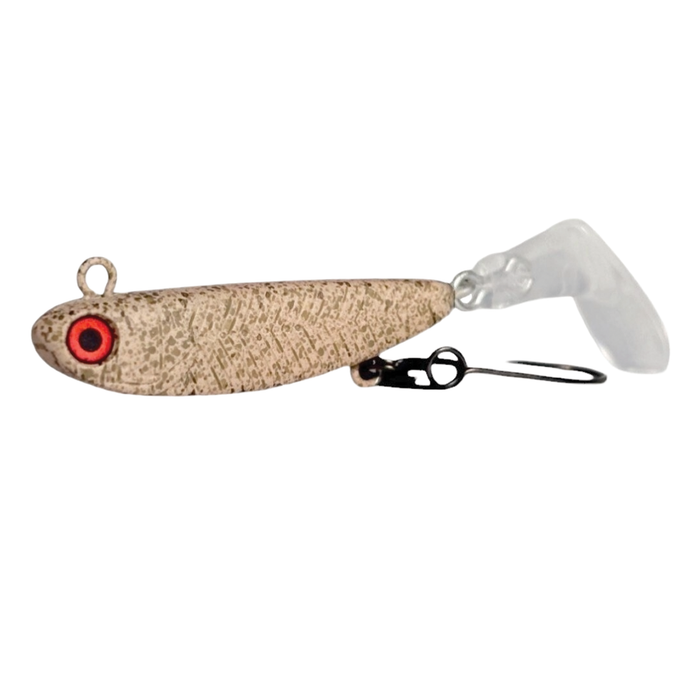 Fishing lure with a red eye and white tail on a white background