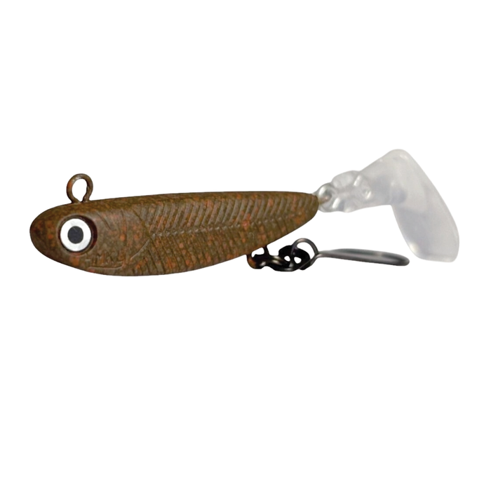 Fishing lure with a brown body and white skirt on a white background