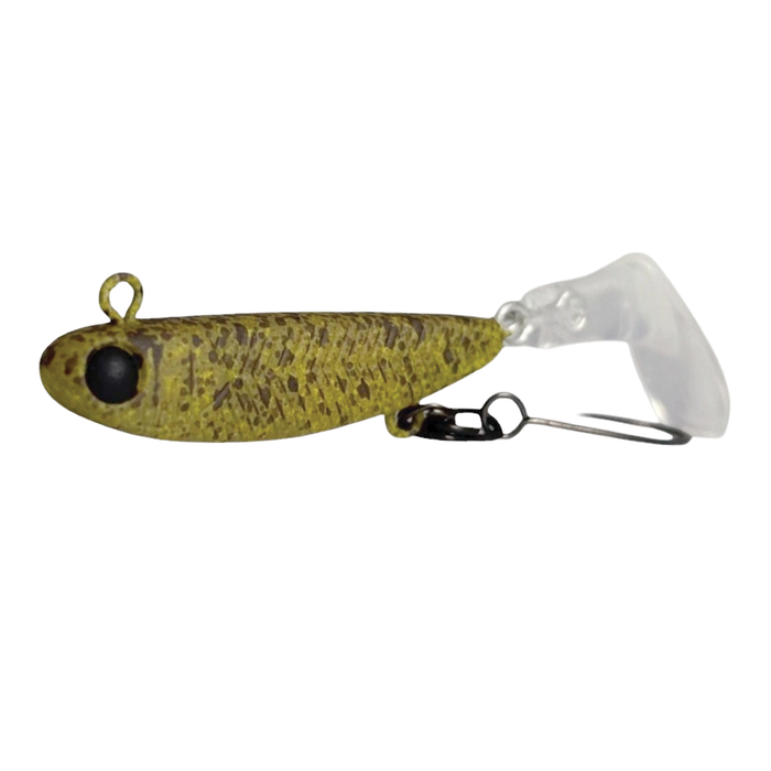 Fishing lure with a speckled pattern on a white background