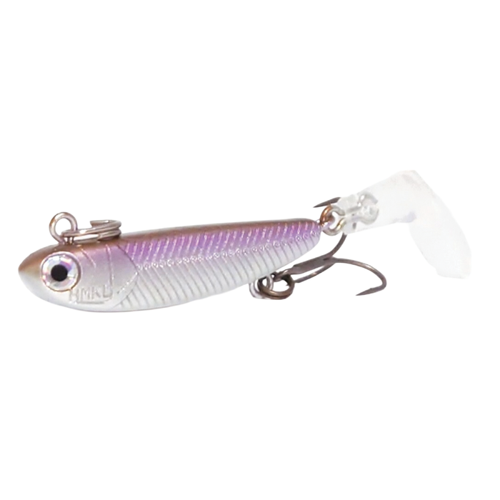 HMKL I-Bull 30 fishing lure in purple and silver with realistic eye detail and two sharp treble hooks, designed for effective musky fishing tackle.