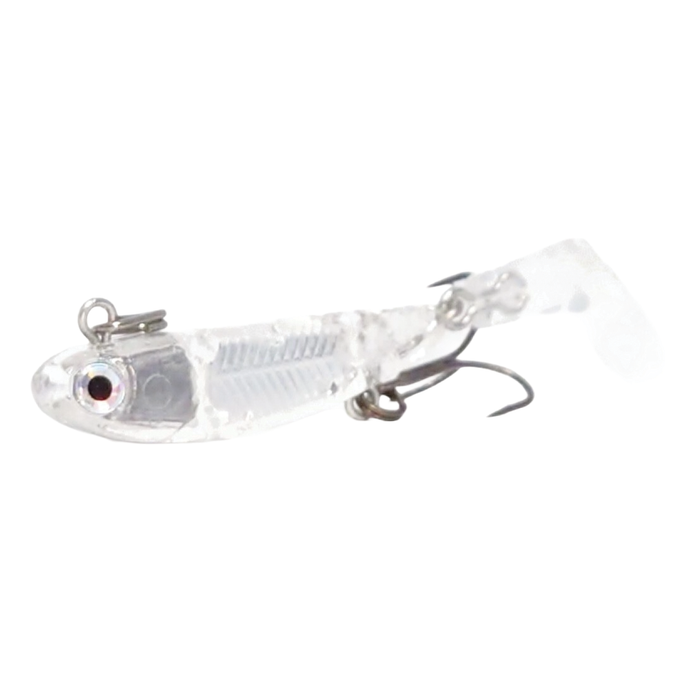 Clear fishing lure featuring detailed eyes and a jointed body with dual hooks, designed as the HMKL I-Bull 30 for effective fishing tackle use.