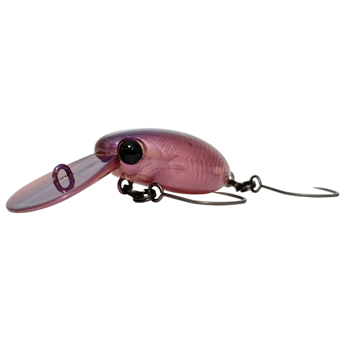 HMKL Inch Crank MR fishing lure in translucent purple with detailed textured body, large black eye, and dual hooks, designed for effective fishing tackle performance.