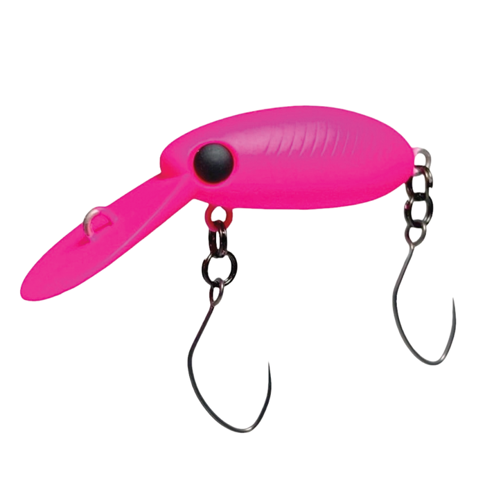 HMKL Inch Crank MR fishing lure in bright pink with two sharp black hooks and a curved diving lip designed for fishing tackle enthusiasts.