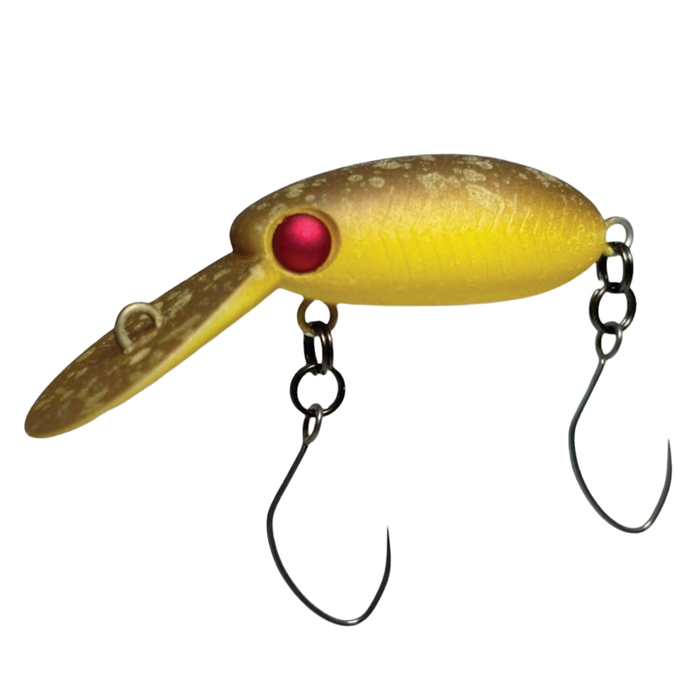 HMKL Inch Crank MR fishing lure in metallic gold with red eyes, featuring two black treble hooks and a wide diving lip designed for effective freshwater fishing.