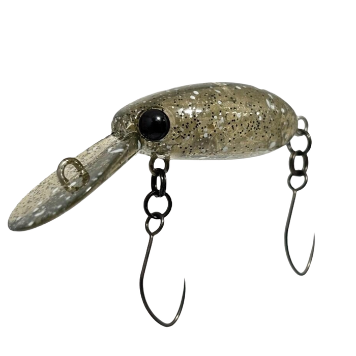 HMKL Inch Crank Rattlin' MR fishing lure in speckled beige and gray with black eyes, featuring two treble hooks and a diving lip for musky fishing tackle.