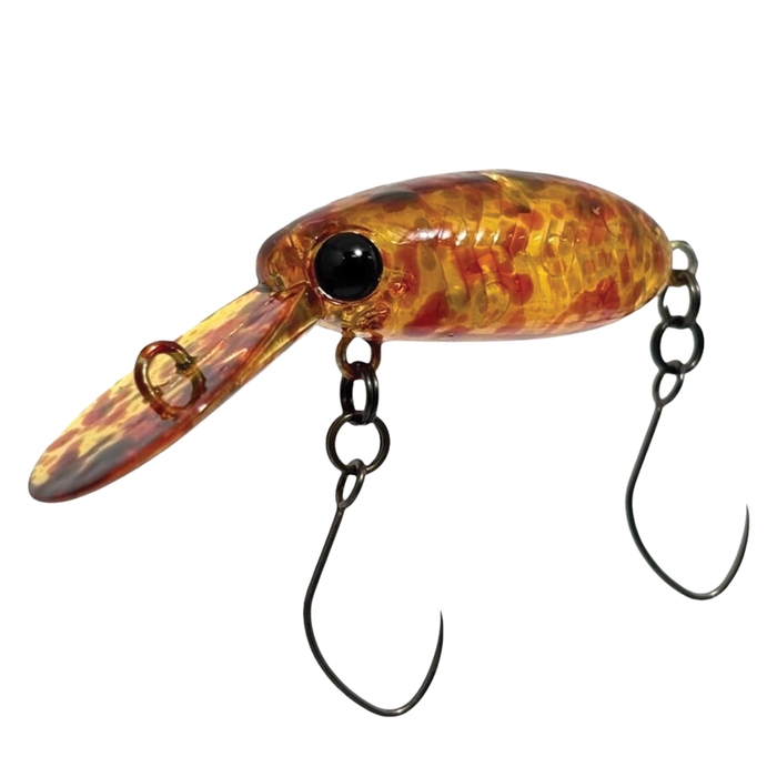 HMKL Inch Crank Rattlin' MR fishing lure with a mottled amber and brown body, large black eyes, and two sharp metal hooks for musky fishing tackle.