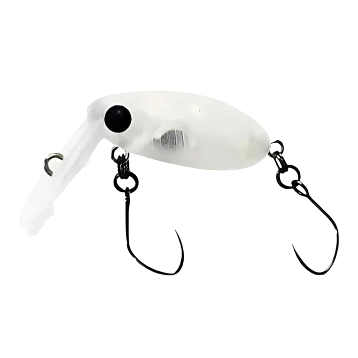 HMKL Inch Crank Rattlin' Une-R transparent white fishing lure with two black hooks designed for musky and freshwater fishing tackle.