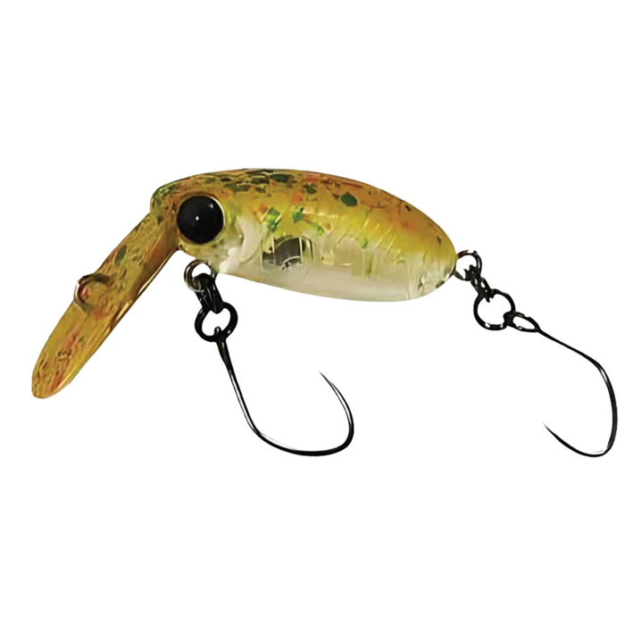 HMKL Inch Crank Rattlin' Une-R fishing lure with a translucent yellow and green body, two sharp hooks, and a curved lip designed for realistic underwater movement.