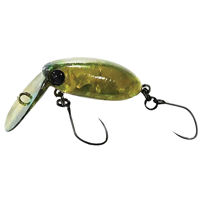 HMKL Inch Crank Rattlin' Une-R fishing lure with a translucent yellow-green body, black eyes, and two sharp hooks designed for musky and freshwater fishing.