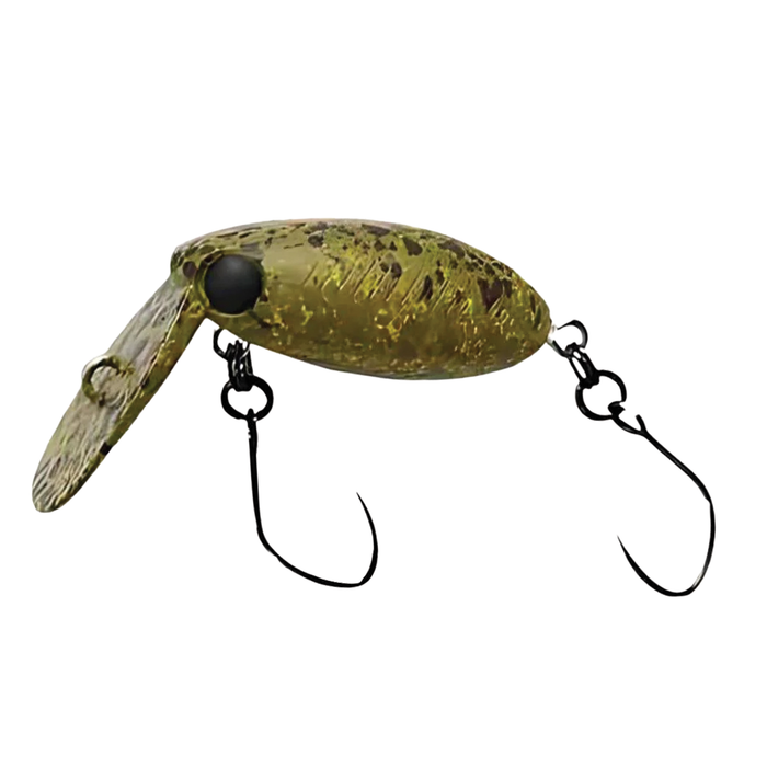 HMKL Inch Crank Rattlin' Une-R fishing lure in green camouflage pattern with two sharp fishing hooks and a textured diving lip for musky and freshwater fishing tackle.