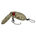 HMKL Inch Crank TR fishing lure in translucent light gray with black speckles, featuring a red eye and two sharp metal hooks, designed for effective fishing tackle use.