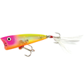 HMKL K-0 Popper fishing lure in bright pink, yellow, and orange with two treble hooks, one accented with white feathered material for enhanced attraction.
