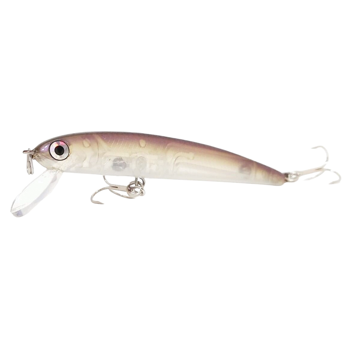 HMKL K-I D Minnow F fishing lure featuring a sleek, translucent body with purple and white shading, detailed eye, and two sharp treble hooks for effective fishing tackle use.