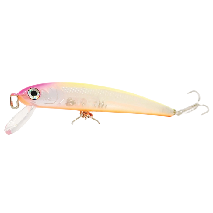 HMKL K-I D Minnow F fishing lure with a translucent pink and yellow body, detailed eyes, and two treble hooks designed for freshwater fishing.