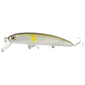 HMKL K-I Hime Move F fishing lure with a streamlined silver body, subtle yellow spot, realistic eye detail, and equipped with three sharp treble hooks for effective fishing tackle use.