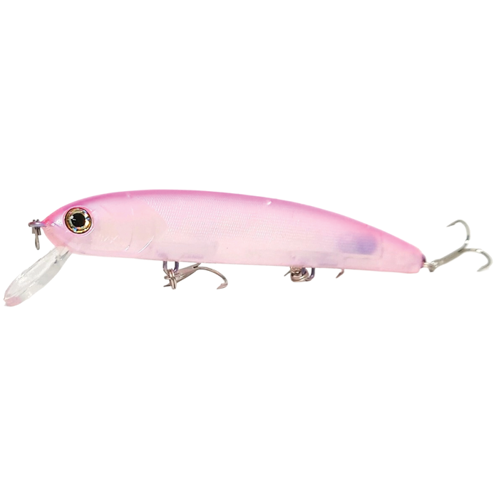 HMKL K-I Hime Move F fishing lure in translucent pink with detailed eye design, slender body, and two sharp treble hooks for musky fishing tackle.