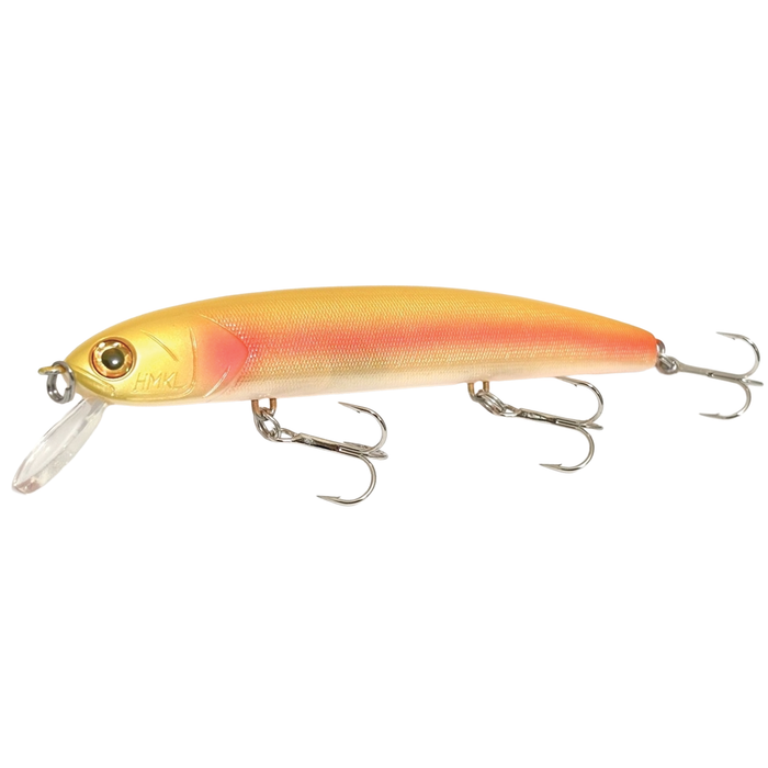 HMKL K-I Hime Move SP fishing lure in a yellow and orange gradient finish, featuring three sharp treble hooks and a clear diving lip for effective musky and freshwater fishing.