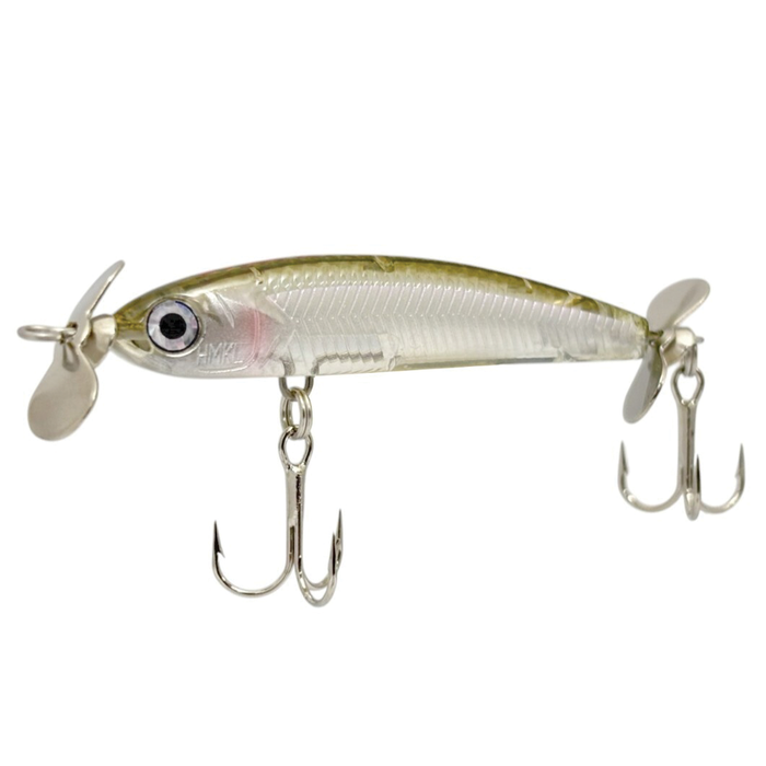 HMKL K-I Mac 50 fishing lure with a transparent body featuring a greenish top, two silver propellers at front and rear, and two treble hooks for fishing tackle use.