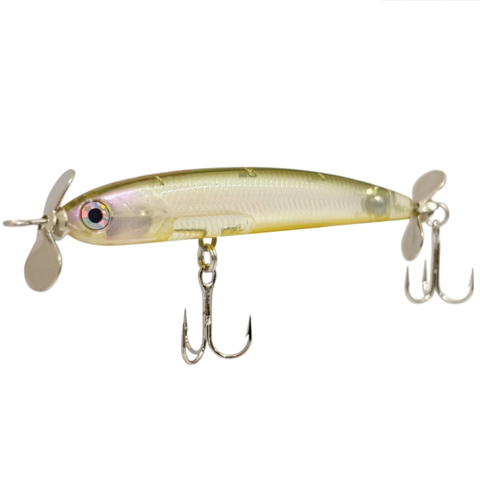 HMKL K-I Mac 65 fishing lure with metallic green and yellow body, realistic eye, and metal propellers on both ends, equipped with sharp treble hooks for fishing tackle use.