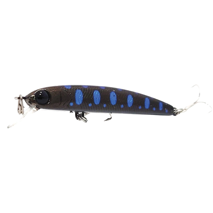HMKL K-I Minnow 50 S Stream Ver. fishing lure with a dark body and bright blue spots, designed for effective use in fishing tackle and angling applications.