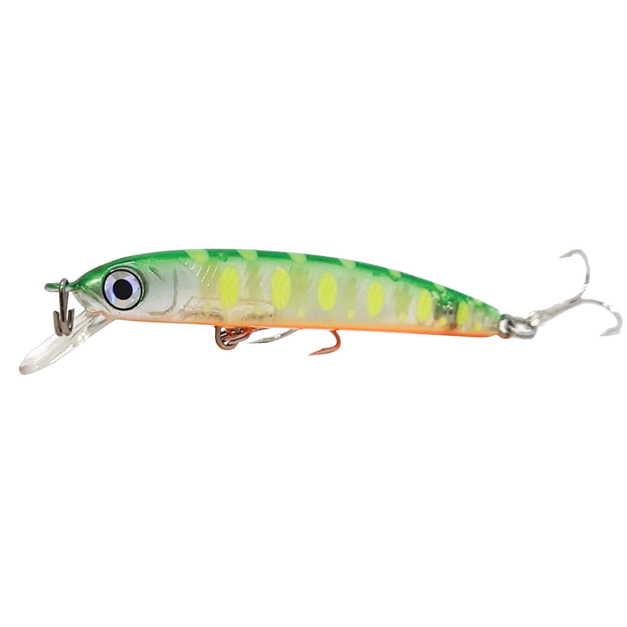 HMKL K-I Minnow 50 S Stream Ver. fishing lure in green and yellow with silver and orange accents, featuring two treble hooks and a clear plastic diving lip for fishing tackle enthusiasts.
