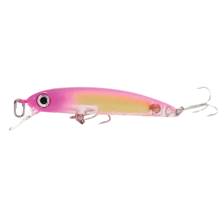 HMKL K-I Minnow 50 S Stream Ver. fishing lure in pink and yellow with detailed eyes, featuring two treble hooks designed for effective fishing tackle use.