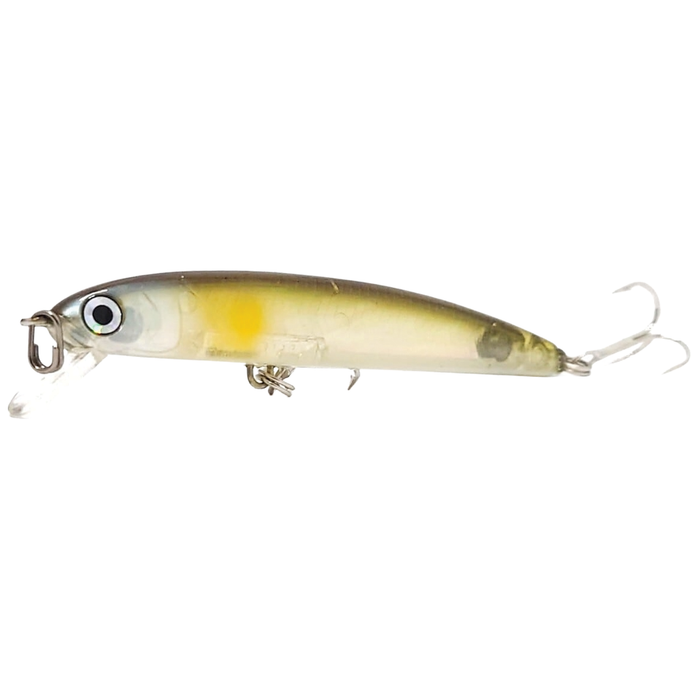 HMKL K-I Minnow 65 S Stream Ver. fishing lure in translucent yellow and gray hues, featuring lifelike eyes and two sharp treble hooks for freshwater fishing tackle.