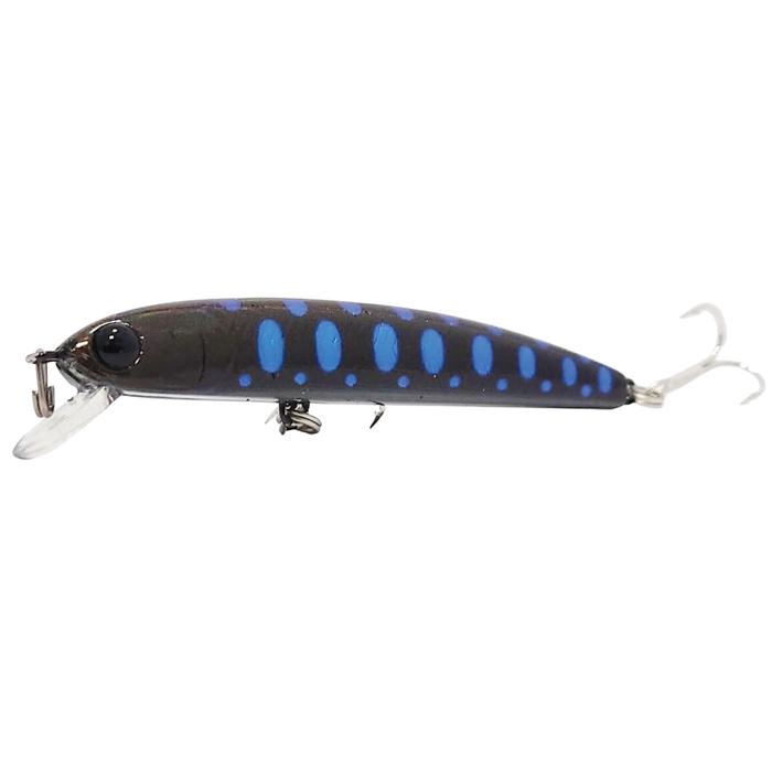 HMKL K-I Minnow 65 S Stream Ver. fishing lure in dark color with bright blue spots, featuring three sharp treble hooks and a small diving lip for freshwater fishing.