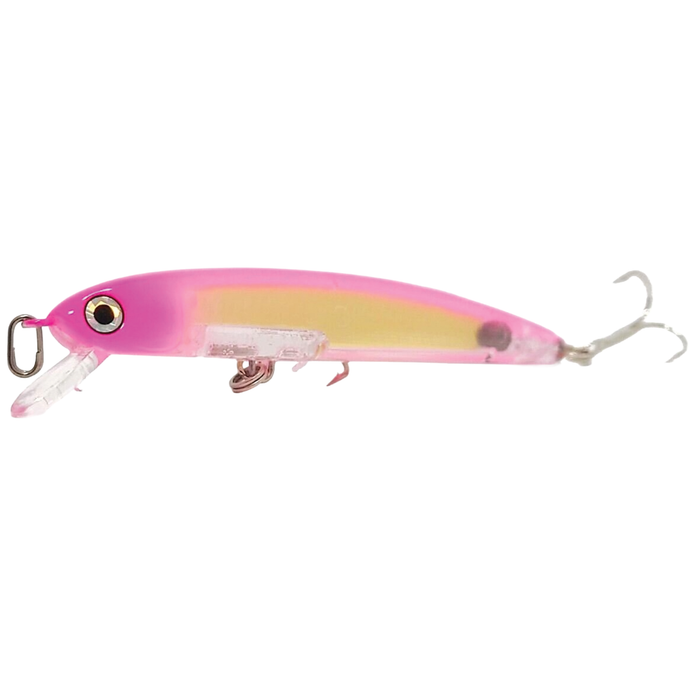 HMKL K-I Minnow 65 S Stream Ver. fishing lure in pink and yellow with realistic eye detail and dual treble hooks designed for effective fishing tackle use.