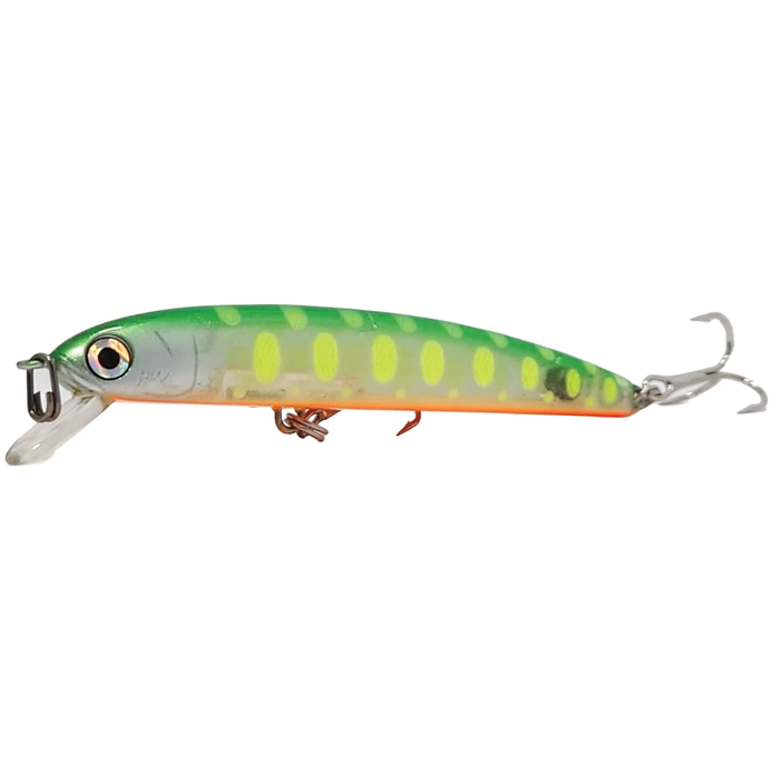 HMKL K-I Minnow 65 S Stream Ver. fishing lure with a slender, elongated body, green and yellow spotted pattern, orange underbelly, and dual treble hooks for musky tackle.