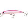 HMKL K-I Minnow 65 SP fishing lure in translucent pink with silver undertones, featuring detailed eye design and two treble hooks for effective fishing tackle use.