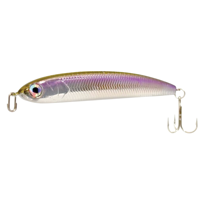 HMKL Pandora Magic fishing lure in metallic purple and silver tones with lifelike fish scale texture and two sharp treble hooks for effective fishing tackle use.