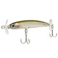 HMKL Prop King 65 SP fishing lure with a slender, translucent olive-green body, two clear propellers on each end, and sharp treble hooks for effective fishing tackle.