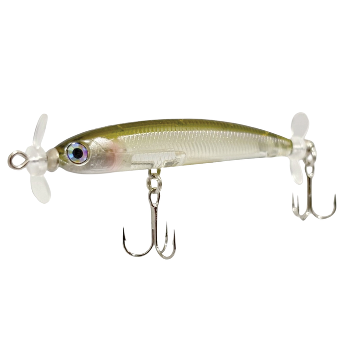 HMKL Prop King 65 SP fishing lure with a slender, translucent olive-green body, two clear propellers on each end, and sharp treble hooks for effective fishing tackle.