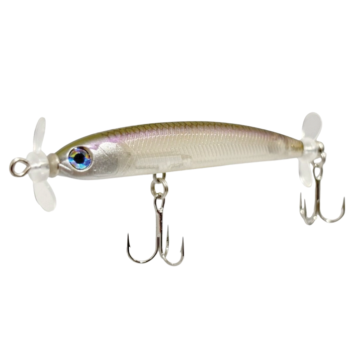 HMKL Prop King 65 SP fishing lure with a translucent, reflective body, realistic eye detail, dual propeller blades, and two treble hooks designed for effective musky fishing.
