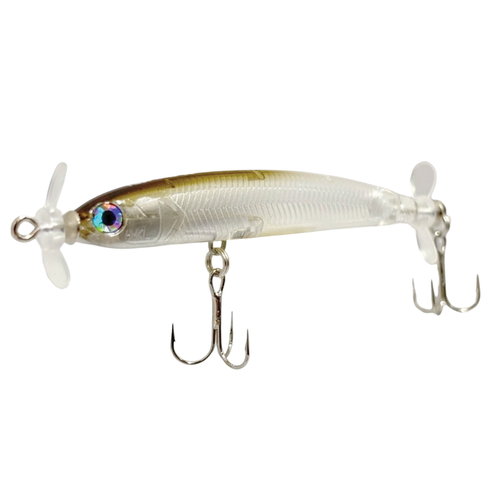 HMKL Prop King 65 SP fishing lure with a slender, translucent body featuring a metallic brown back, realistic eye, front and rear propellers, and two sharp treble hooks.