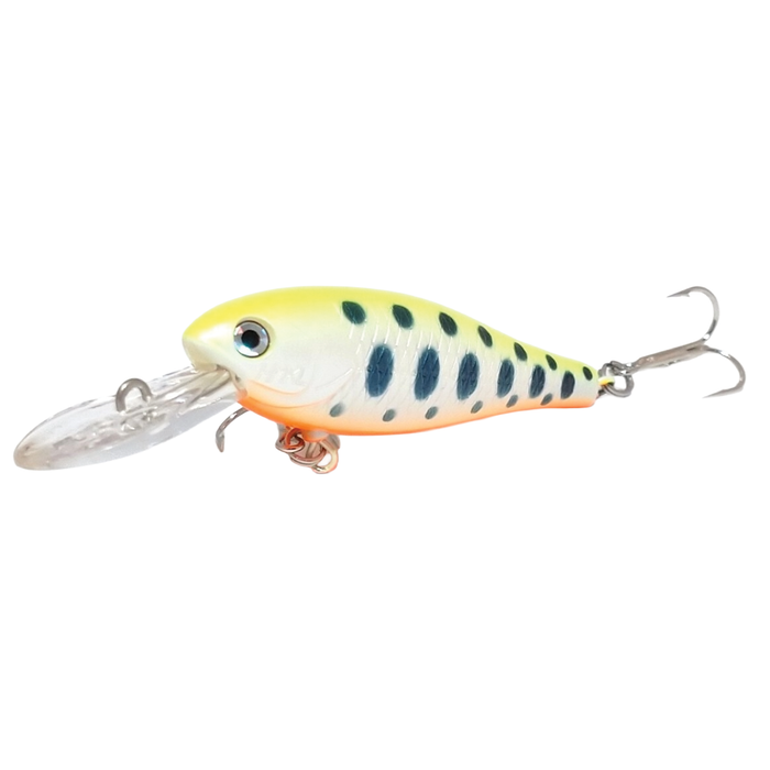 HMKL Shad 45 S Stream Ver. fishing lure in yellow and white with black spots, featuring a clear diving lip and two sharp treble hooks for effective fishing tackle use.