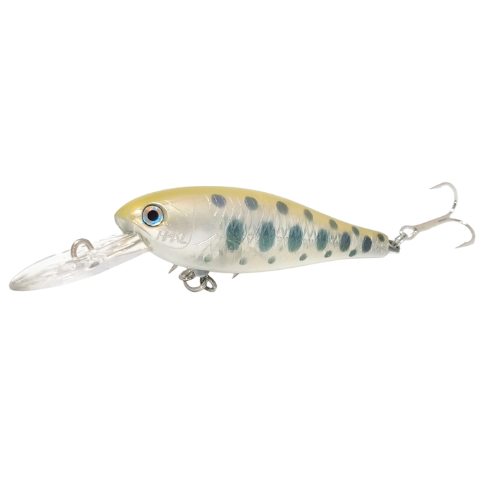 HMKL Shad 45 S Stream Ver. fishing lure with a clear lip, translucent body featuring green spots, realistic eye detail, and a sharp treble hook for effective fishing tackle.