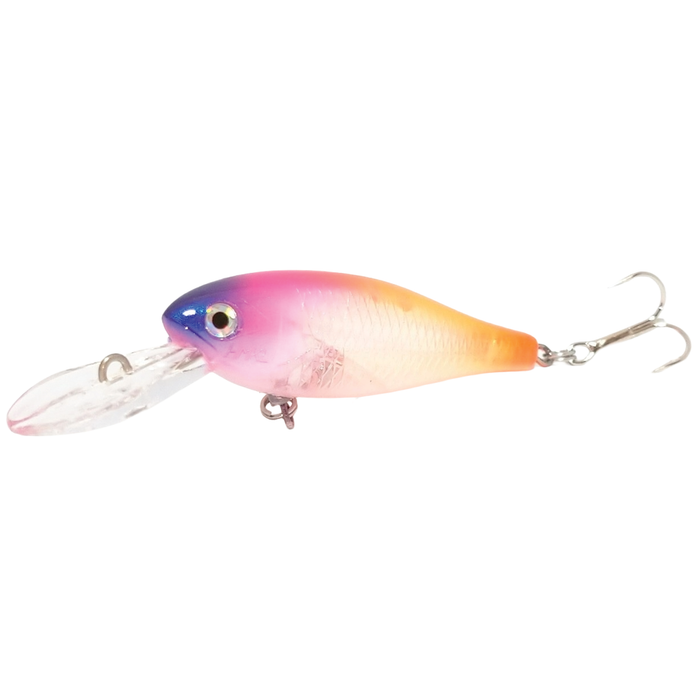 HMKL Shad 45 S Stream Ver. fishing lure with a gradient pink, purple, and orange body, realistic eye detail, clear diving lip, and sharp treble hook for musky fishing.